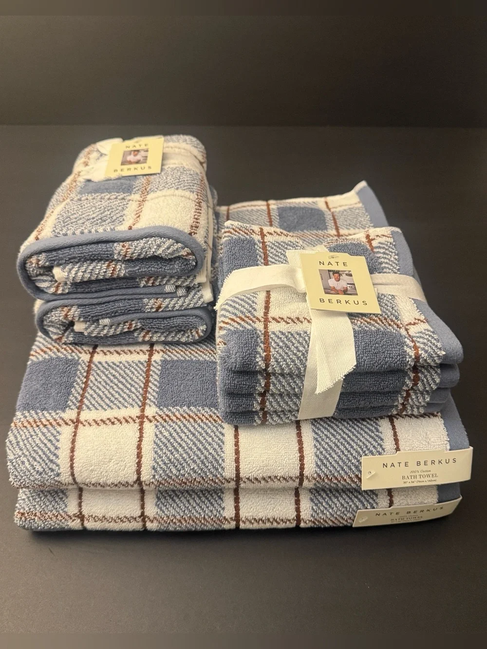8pc NATE BERKUS 100% Cotton Plaid Bath Towel Set - Made in India